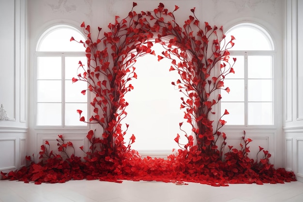 Romantic red floral archway in white room