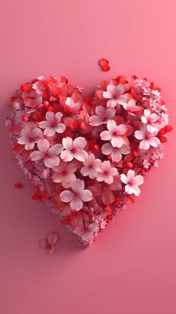 Romantic Red Flowers in Heart Shape on Pink Background AI Generated