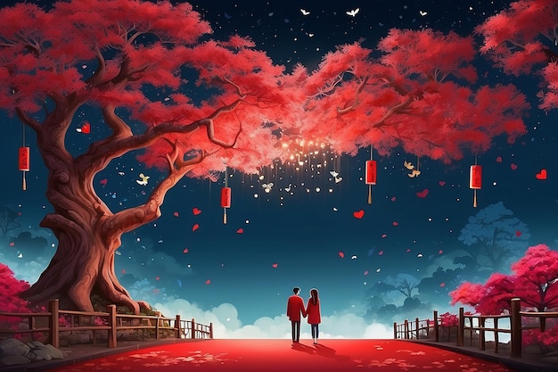 Romantic Red Love Tree Under The Couple Tanabata Tanabata Poster Background