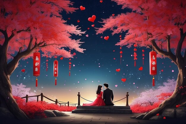 Romantic Red Love Tree Under The Couple Tanabata Tanabata Poster Background