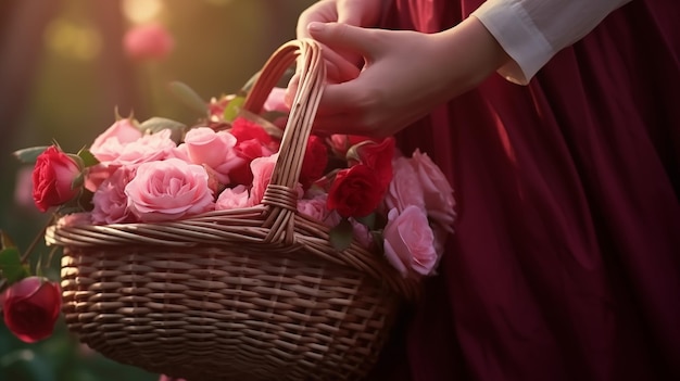 발렌타인 데이와 사랑의 개념을 위한 만적 인 빨간색과 분홍색 장미 켓