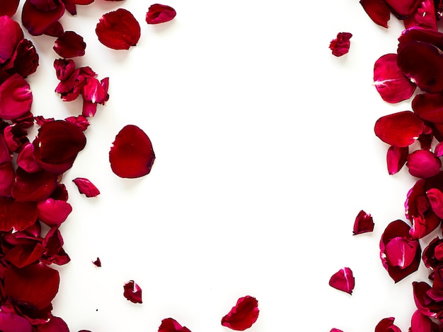 Romantic red rose petals on white background