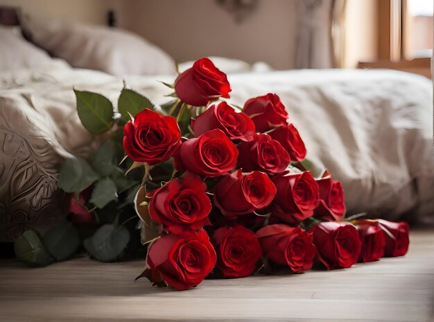 Romantic red roses in bedroom