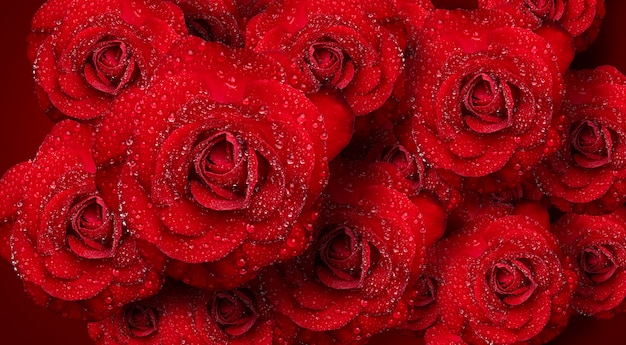 Romantiche rose rosse con gocce d'acqua