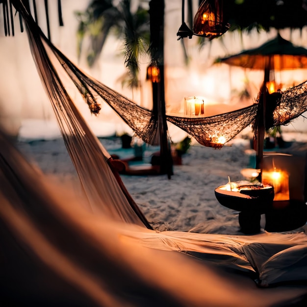 Photo romantic resort pool blurred light hammock on beach palm trees exotic flowers