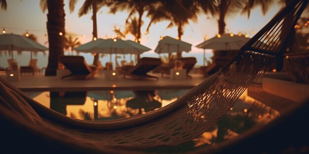 Photo romantic resort pool blurred light hammock on beach palm trees exotic flowers