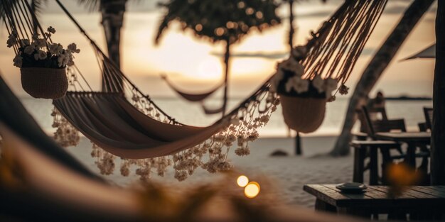 Фото Романтический курортный бассейн размытый свет гамак на пляже пальмы экзотические цветы