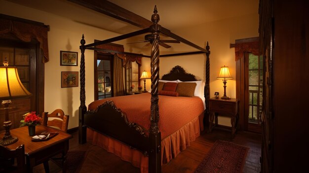 Foto romantica ritirata camera accogliente con letto kingsized tufted e illuminazione morbida ai generativa
