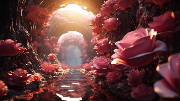 Foto romantic rose tunnel illuminato con amore e luce per l'amore e il concetto di san valentino