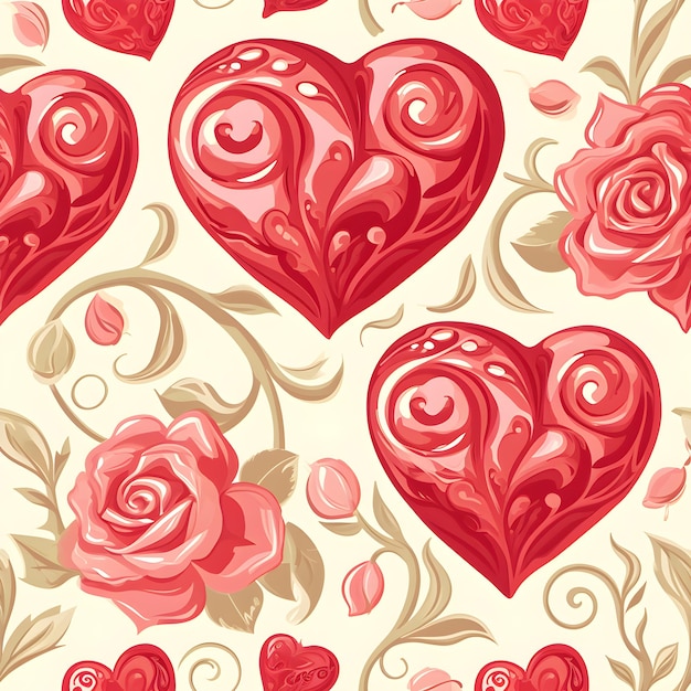 Foto rose romantiche e cuori vorticosi disegno senza cuciture