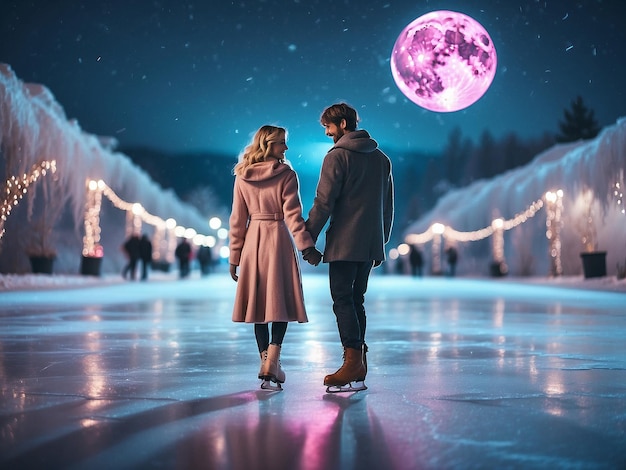 A romantic scene of a couple ice skating hand in hand on a frozen pond