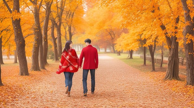 A romantic scene of a couple walking hand in hand along a path covered in a blanket of colorful
