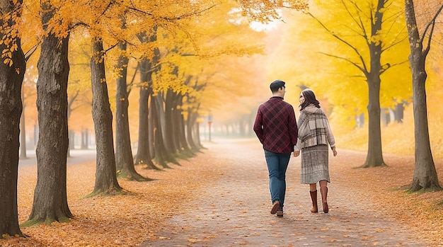 A romantic scene of a couple walking hand in hand along a path covered in a blanket of colorful