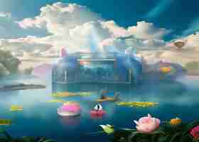 Photo the romantic scene above white clouds a lake lotus and leonardoai