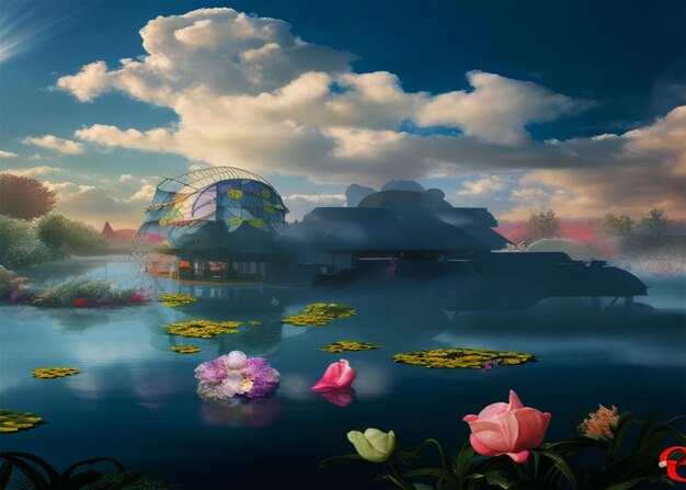 Photo the romantic scene above white clouds a lake lotus and leonardoai