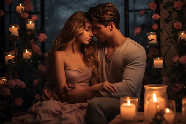 a romantic scene with a couple sharing a cozy moment by candlelight surrounded by hearts and flowers