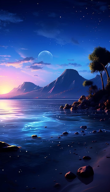 romantic and scenic panorama with full moon on sea to night Ai generated