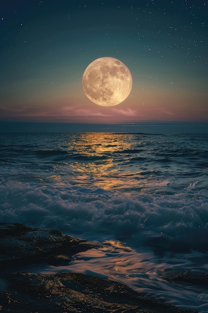 romantic and scenic panorama with full moon on sea to night