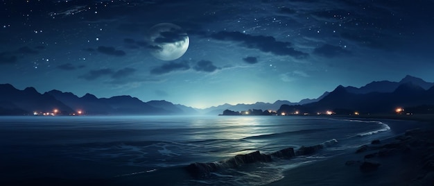 Romantic and scenic panorama with full moon on sea