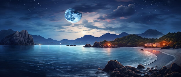 Romantic and scenic panorama with full moon on sea