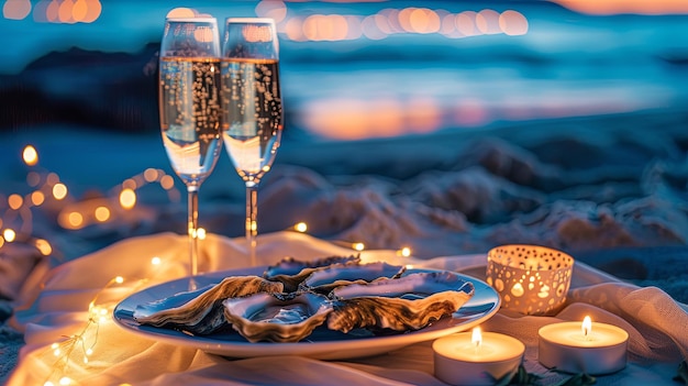 Романтический ужин с морепродуктами с устрицами концепция блюда дизайн фона баннера