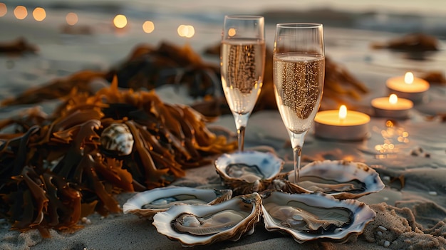 Romantic seafood dinner with oysters dish concept Banner background design