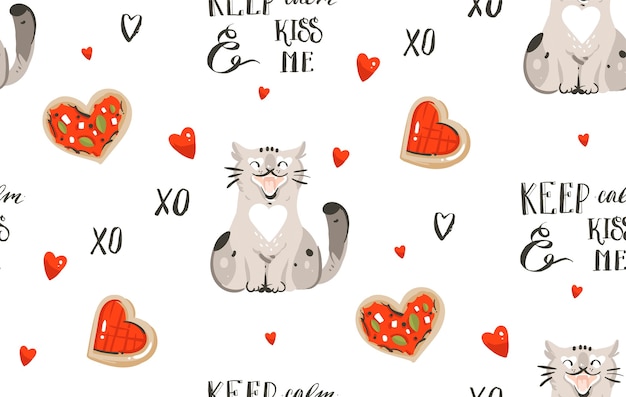 Romantic seamless pattern with cute cats, pizza, handwritten calligraphy and hearts