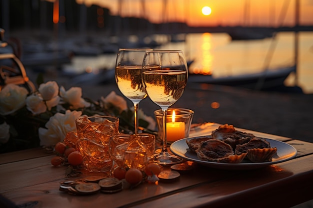 A romantic seaside dinner for two during sunset with exquisite cuisine champagne and a backdrop