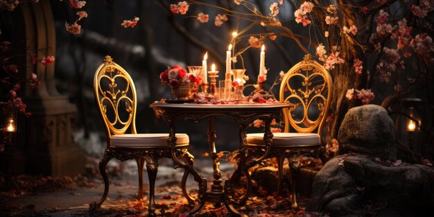 Romantic set up dinner set at night with candle