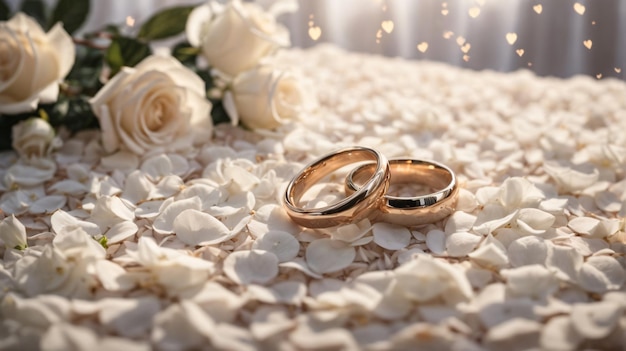 romantic setting of couple wedding riing on white rose petals