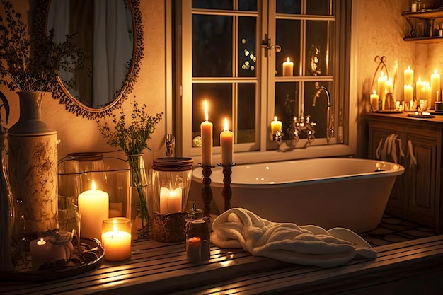 Romantic setting for two with candles in bathroom created with generative ai