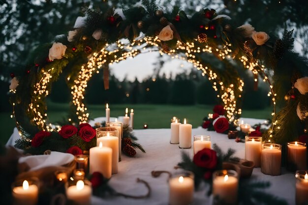 A romantic setting for a wedding with candles and flowers.