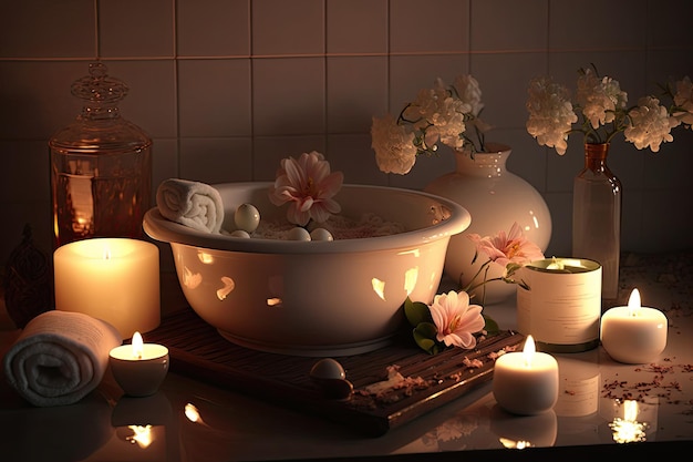 Романтическая обстановка со свечами и лепестками роз в роскошной ванне Сгенерировано AI