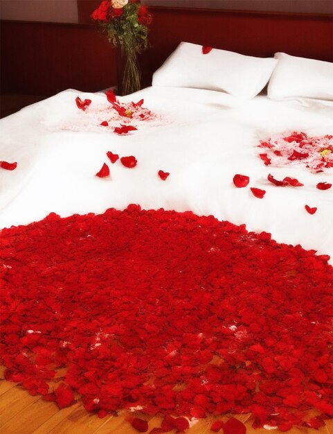 A romantic setting with a couple's rings placed on a bed of rose petals