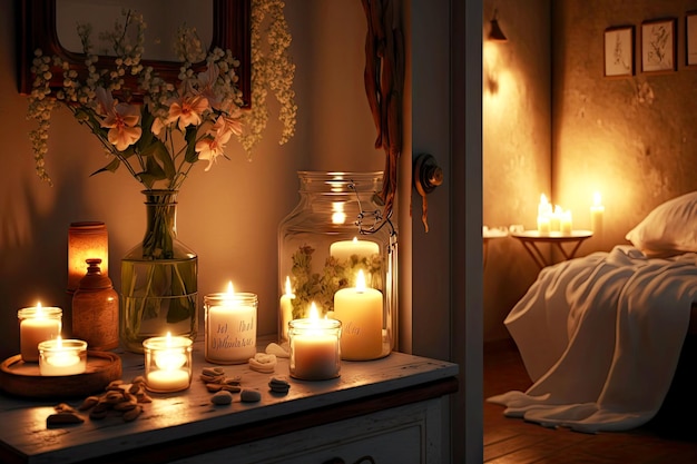 g로 만든 촛불이 있는 욕실과 촛불이 있는 침실에 꽃과 빛이 있는 낭만적인 분위기