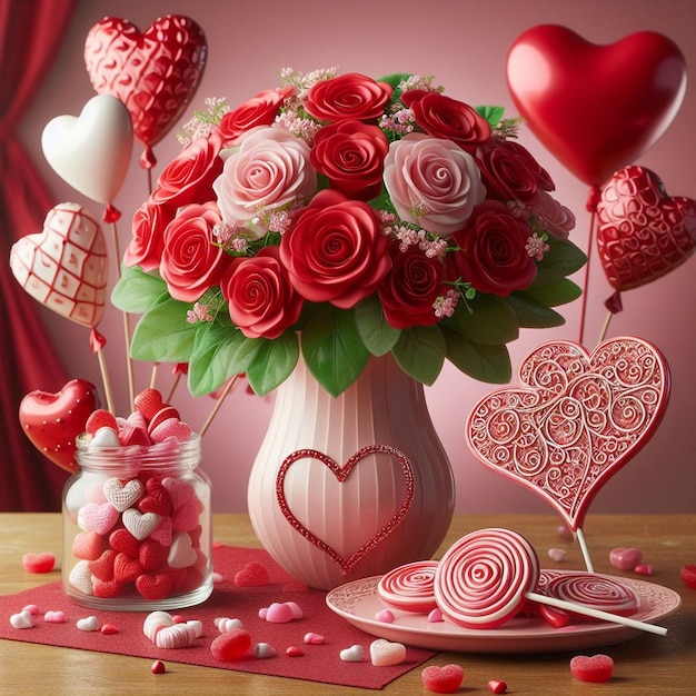 Romantic setting with red roses in a pink vase Beautiful red roses background