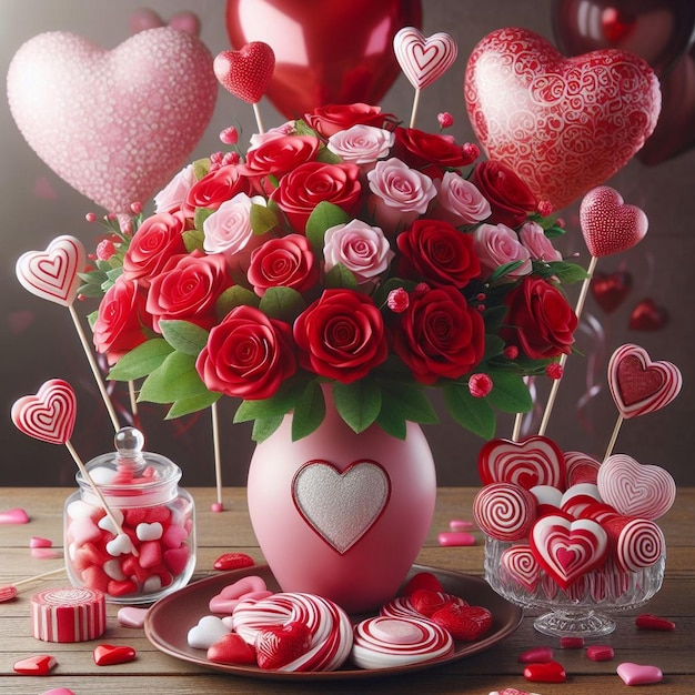 Romantic setting with red roses in a pink vase Beautiful red roses background