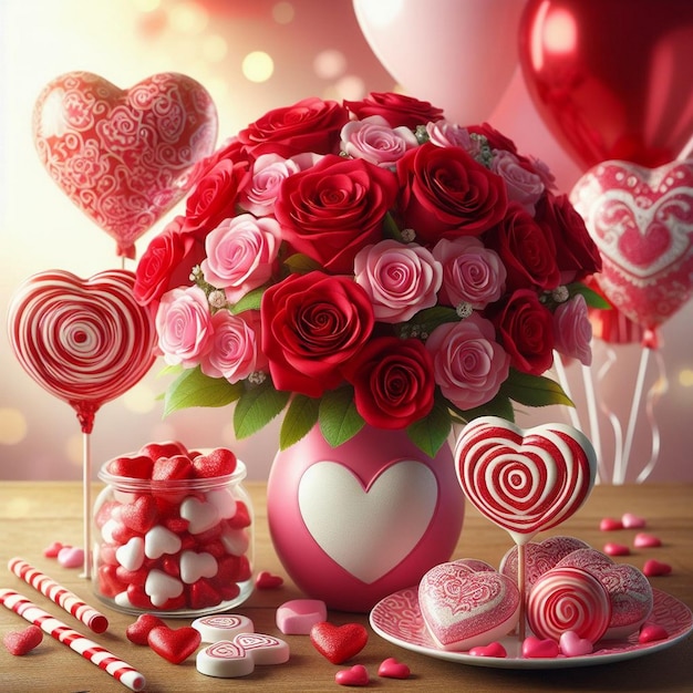 Romantic setting with red roses in a pink vase Beautiful red roses background