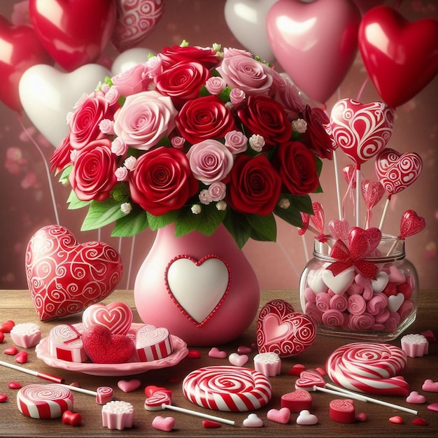 Romantic setting with red roses in a pink vase Beautiful red roses background