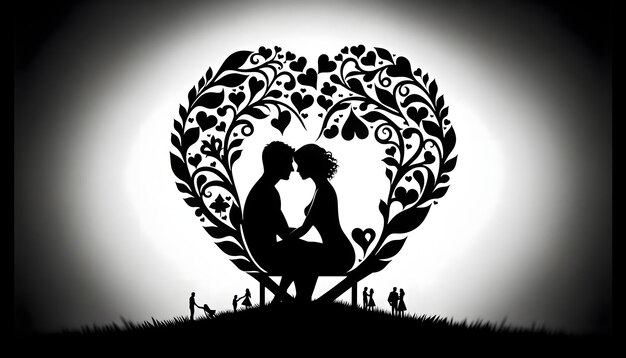 Foto silhouette romantica di una coppia a forma di cuore