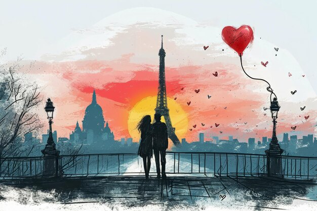 Foto coppia di silhouette romantiche con un palloncino cardiaco che si affaccia su parigi al tramonto