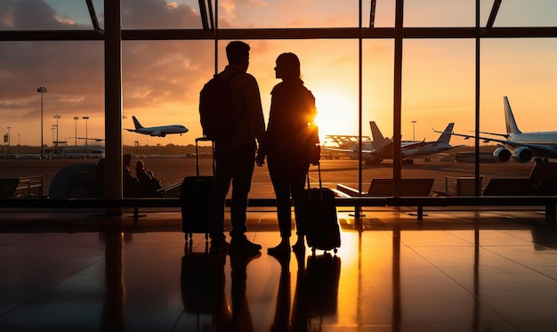 Silhouette romantiche coppia nell'aeroporto internazionale