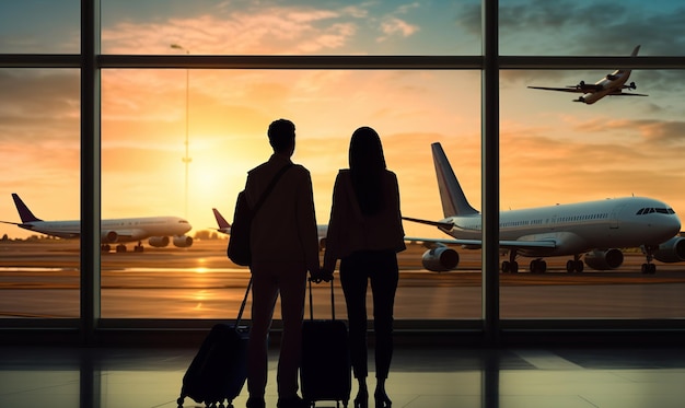 Foto silhouette romantiche coppia nell'aeroporto internazionale