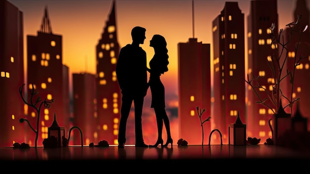 Romantic silhouettes in front of a nighttime cityscape featuring miniatures of realistic buildings with lights in a cartoon style