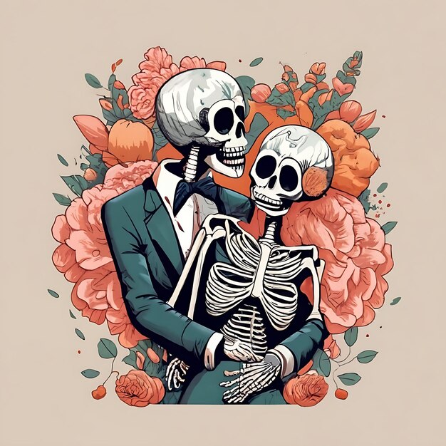 Photo romantic skeleton couple on white background illustration anime typography