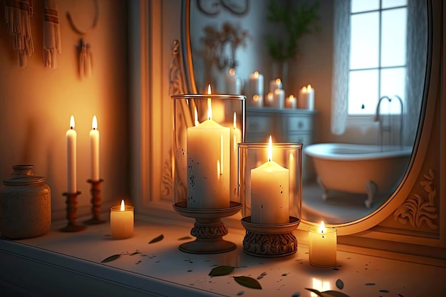 バスルームに燃えるろうそくの形をしたロマンチックな柔らかな照明と、ジェネレーティブで作成されたろうそく