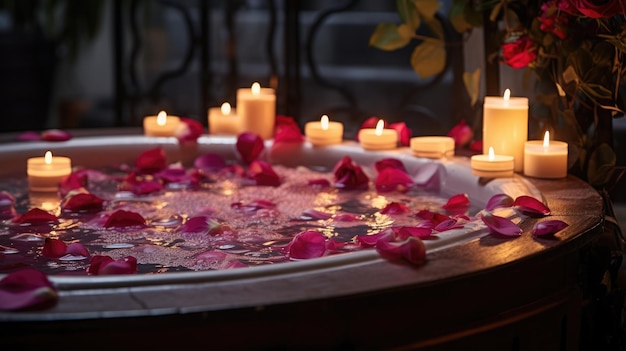 Photo romantic spa jacuzzi with rose petals and candles romantic mood