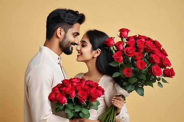 Romantic spouses holding bouquet of flowers and looking at each other roses on Valentines Day