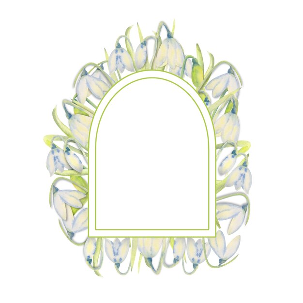 Photo romantic spring frame with snowdrops on the outer edge on a white isolated background. watercolor illustration.