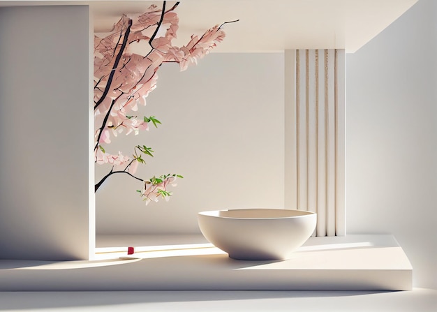 Romantic spring scene with pink podium branch sakura flowers in sunlight AI Generated